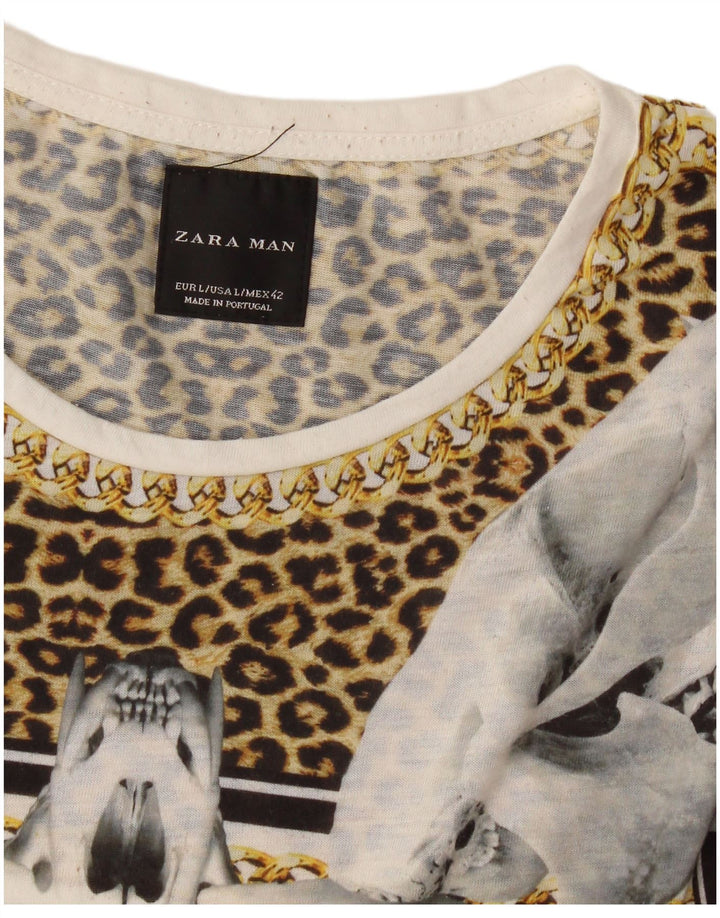 Zara Herren Grafik-T-Shirt-Oberteil, großes weißes Tiermuster