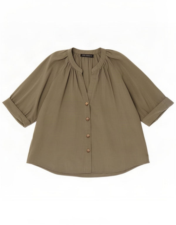 Zara Damen 3/4-Ärmel-Hemdbluse UK 14 Medium Khaki Modal