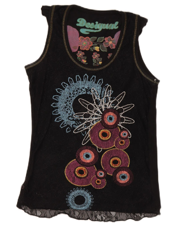 Desigual Womens Vest Top UK 12 Medium Black Geometric Cotton