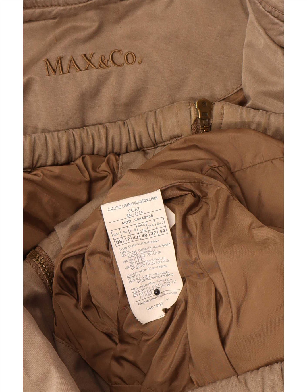 Max & Co. Wattierter Damenmantel mit Kapuze, UK 12, mittelbraune Baumwolle