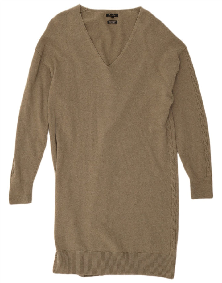 Massimo Dutti Damen Langarm-Pulloverkleid UK 14 Medium Khaki Wolle