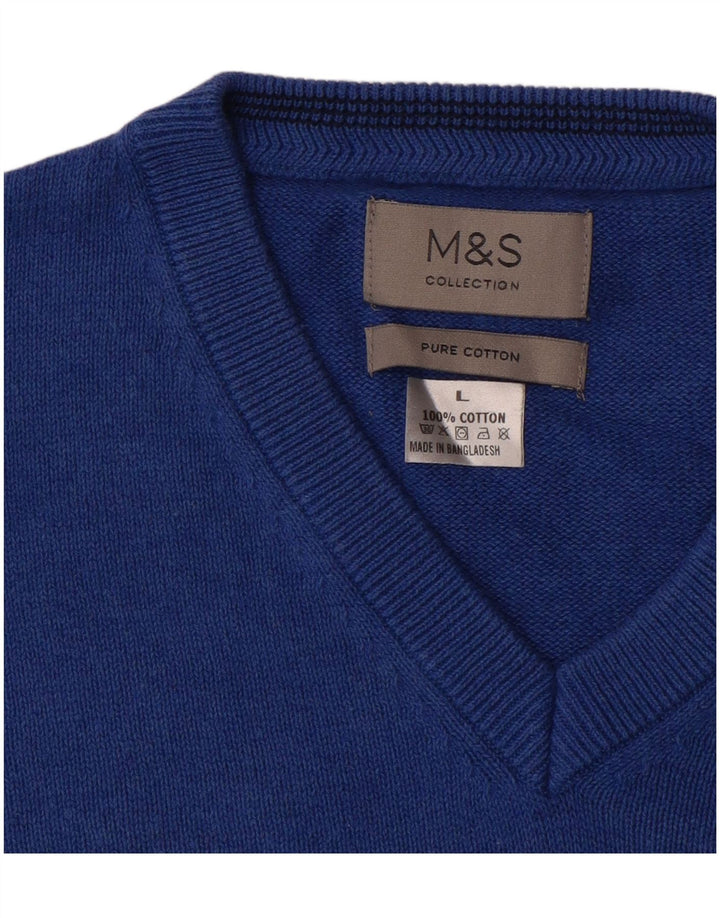 Marks & Spencer Herren-Pullover mit V-Ausschnitt, groß, aus blauer Baumwolle