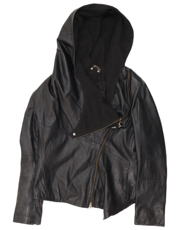 Vintage Damen Biker-Lederjacke mit Kapuze, UK 24 4XL, schwarzes Leder