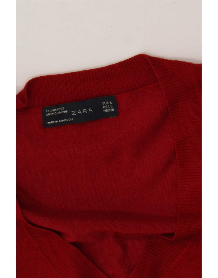 Zara Damen-Pullover mit V-Ausschnitt, UK 16, Größe L, rote Viskose