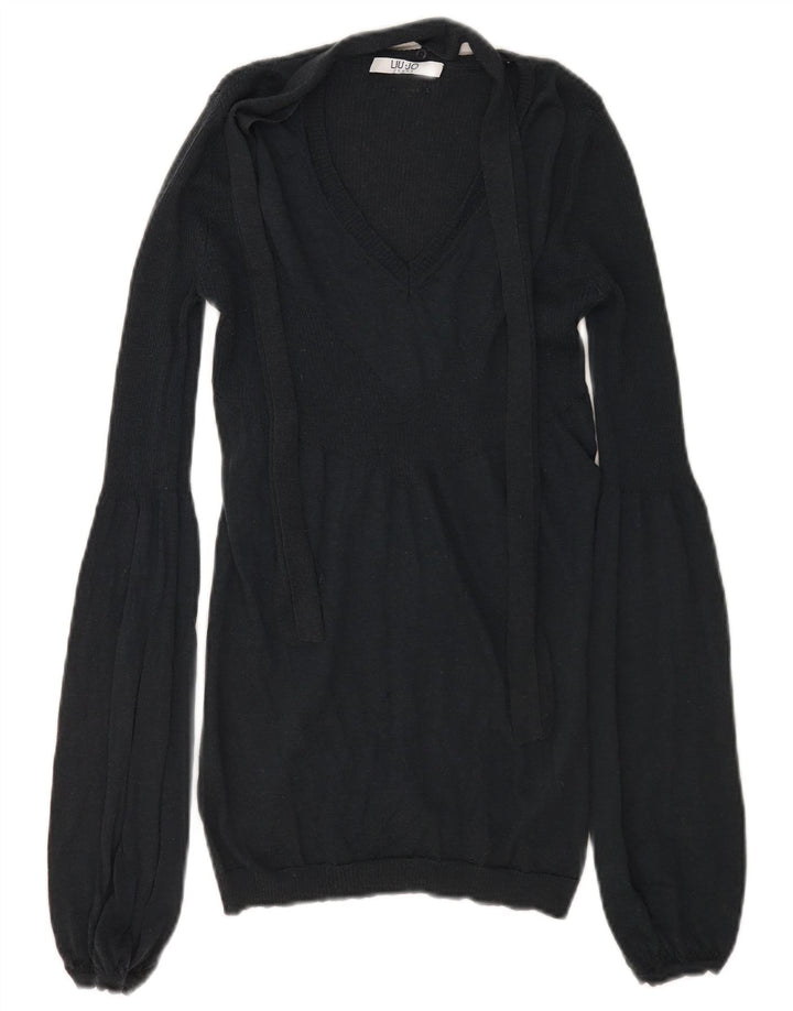 Liu Jo Damen-Pullover mit V-Ausschnitt vorne zum Binden, Gr. 10, Größe S, schwarze Wolle