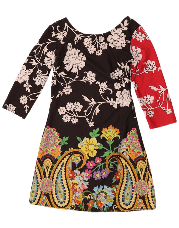 Desigual Damen A-Linien-Kleid mit 3/4-Ärmeln, EU 36, kleines schwarzes Blumenmuster aus Polyester