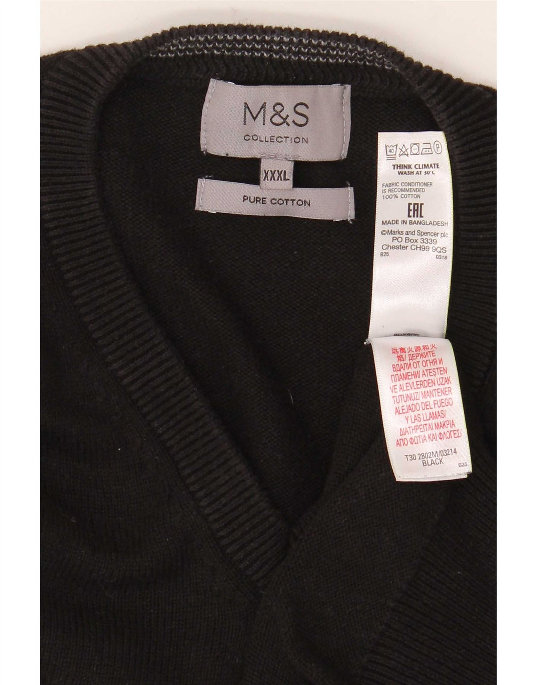 Marks & Spencer Herren-Pullover mit V-Ausschnitt, 3XL, schwarze Baumwolle
