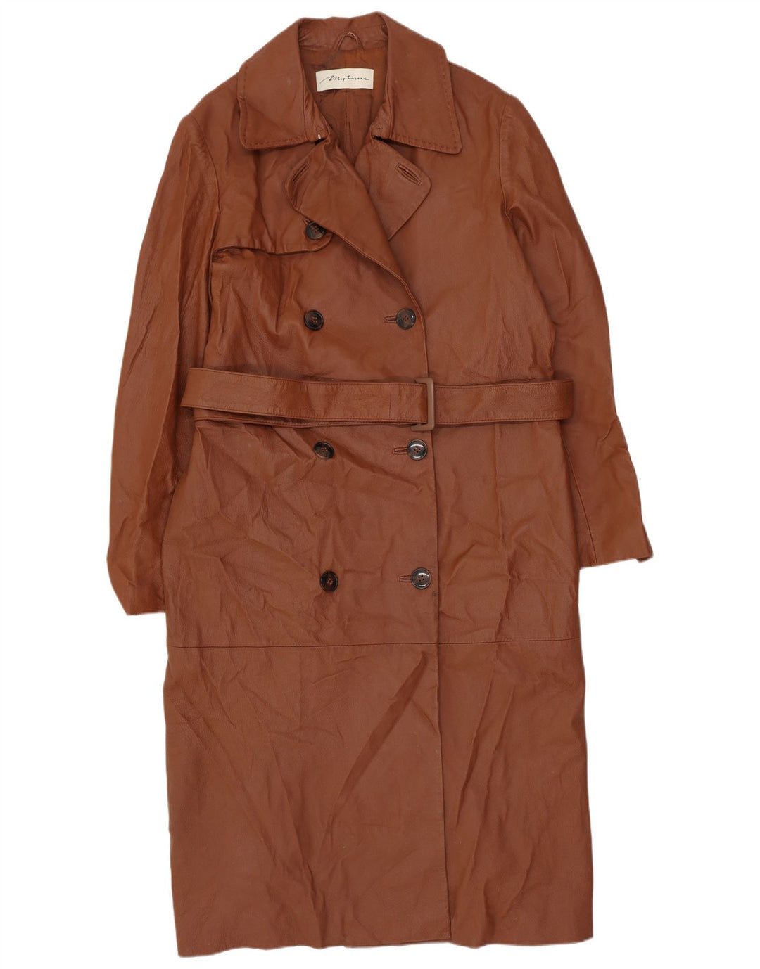 Vintage Womens Oversized Double Breasted Coat UK 10 Small Brown Leather