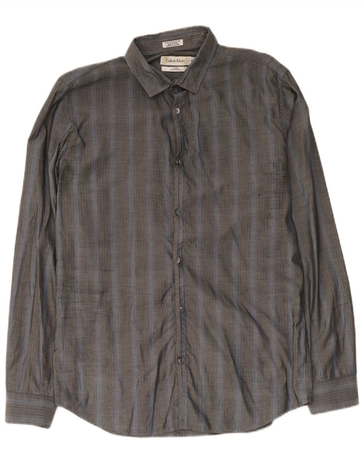 Calvin Klein Herren-Slim-Fit-Hemd, klein, graue Baumwolle mit Fischgrätenmuster