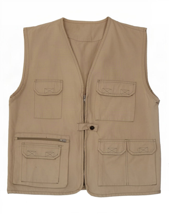 Vintage Damen Utility Gilet UK 14 Mittelbeige Baumwolle