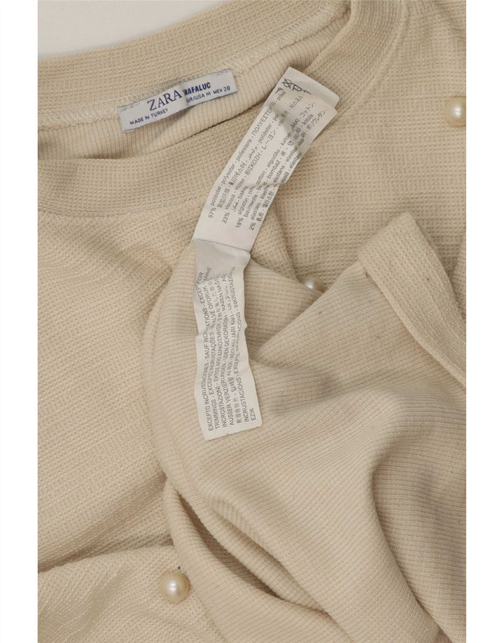 Zara Damen Top Langarm UK 12 Medium Off White Polyester
