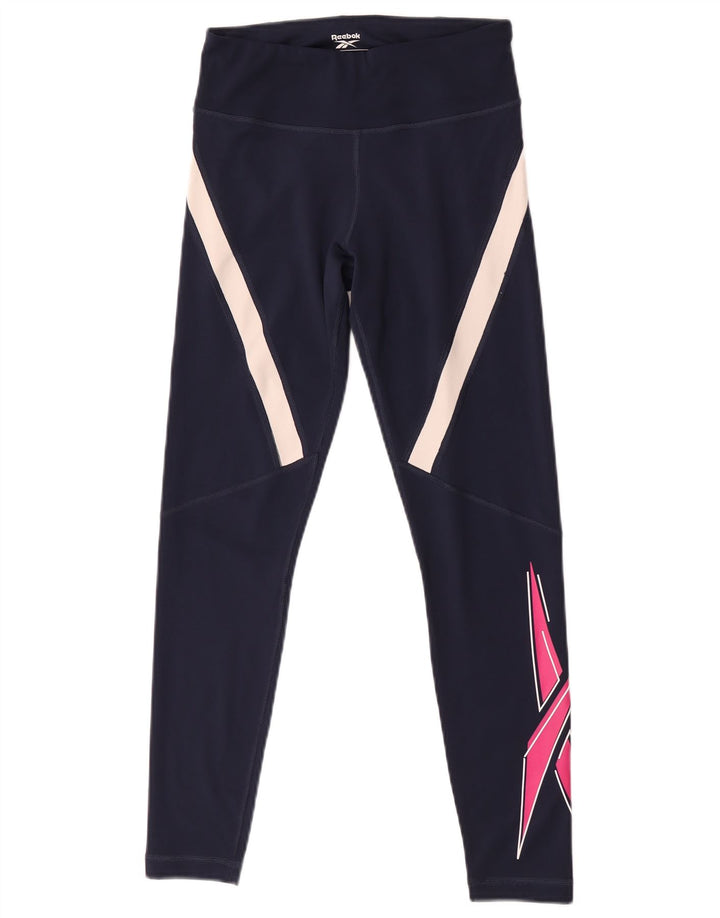 Reebok Womens Graphic Leggings UK 8/10 Small Marineblau Farbblock