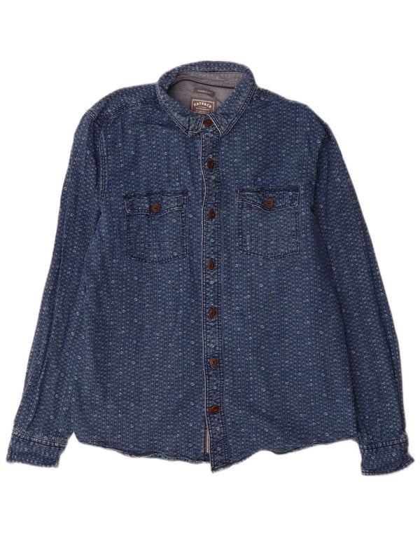 Fat Face Herren-Jeanshemd mit klassischer Passform, mittelblaue Baumwolle mit Blumenmuster