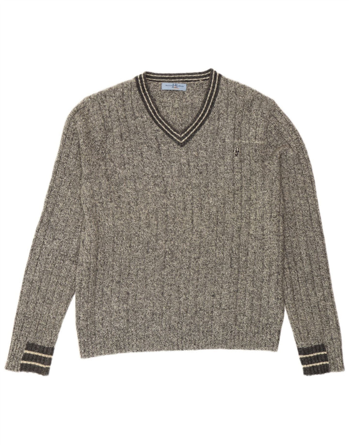 Harmont & Blaine Herren-Pullover mit V-Ausschnitt, klein, grau gesprenkelte Lammwolle