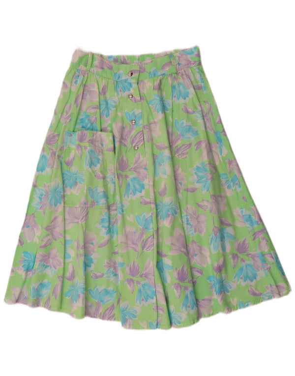 Vintage Damen Midi ausgestellter Rock IT 42 Medium W30 Grün geblümte Baumwolle