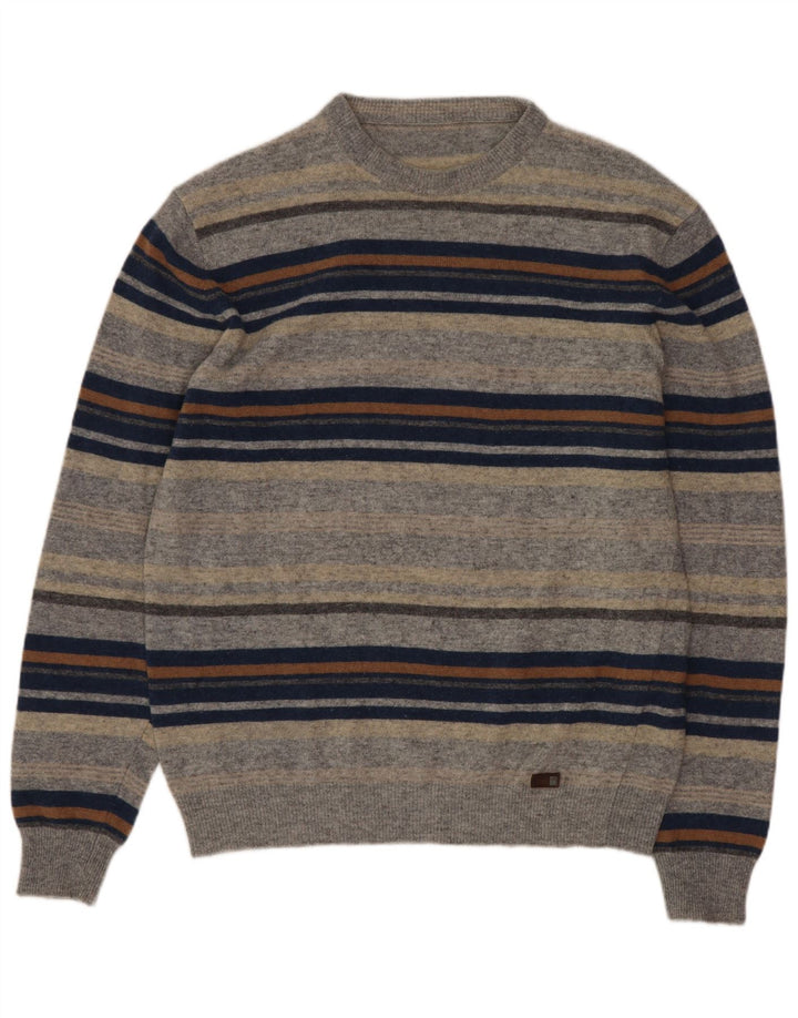 Vintage Herren-Pullover mit Rundhalsausschnitt, klein, grau gestreift, Schurwolle