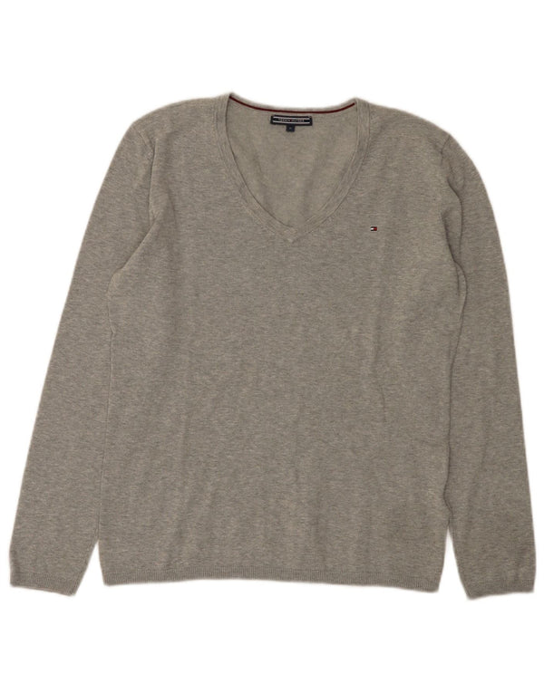 Tommy Hilfiger Damen-Pullover mit V-Ausschnitt, UK 14, mittelgraue Baumwolle