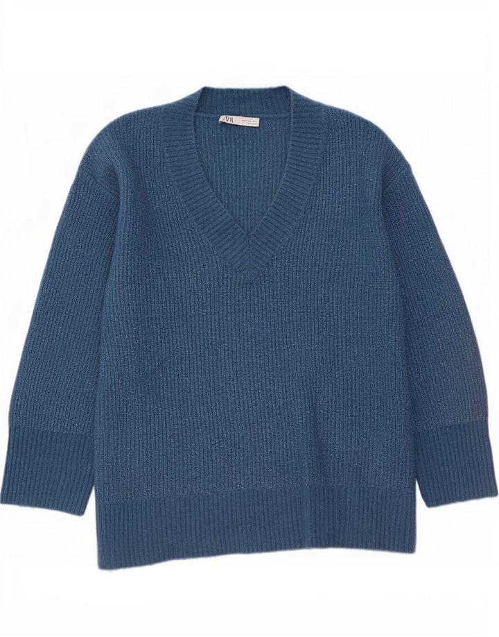 Zara Damen-Pullover mit V-Ausschnitt, übergroß, UK 14, Mittelblau, Polyester