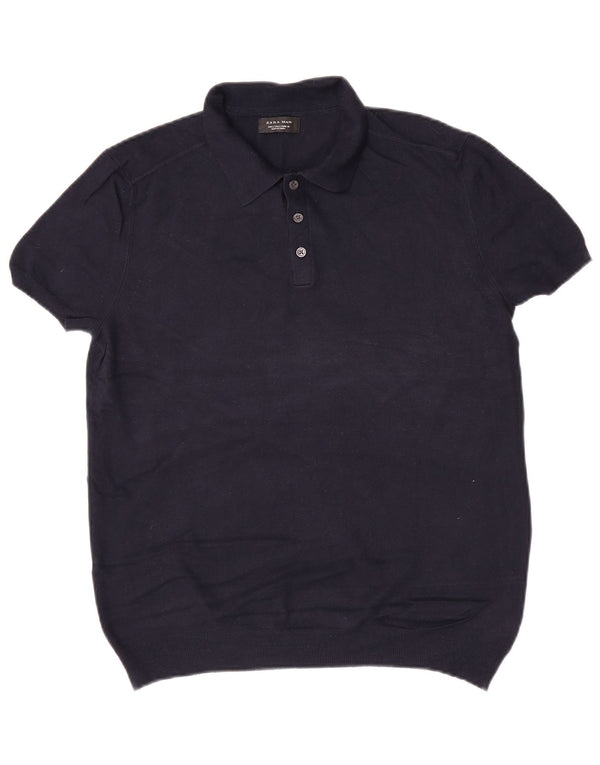 Zara Herren Kurzarm-Pullover mit Polokragen, Größe L, Marineblau