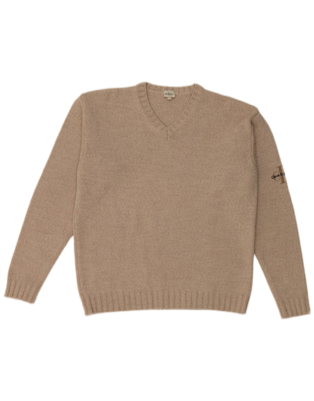 Calvin Klein Herren-Pullover mit V-Ausschnitt aus mittelbeiger Merinowolle