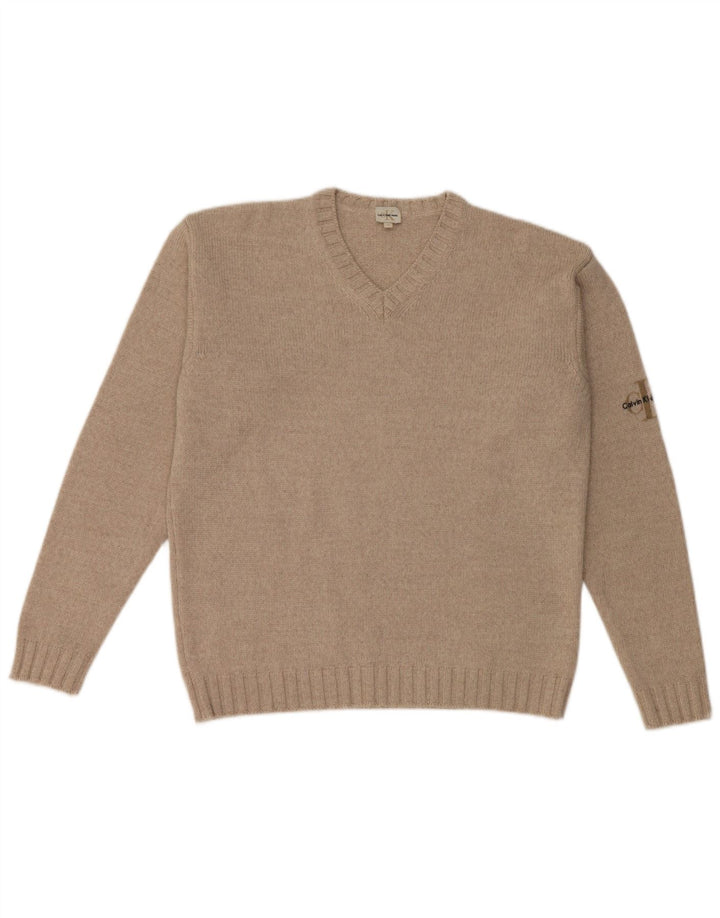 Calvin Klein Herren-Pullover mit V-Ausschnitt aus mittelbeiger Merinowolle
