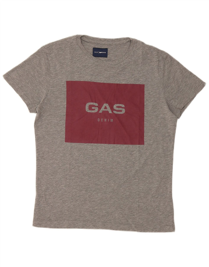 Gas Herren Grafik-T-Shirt-Oberteil aus mittelgrau gesprenkelter Baumwolle