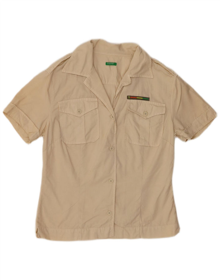 Benetton Damen Kurzarmhemd UK 12 Mittelbeige Baumwolle