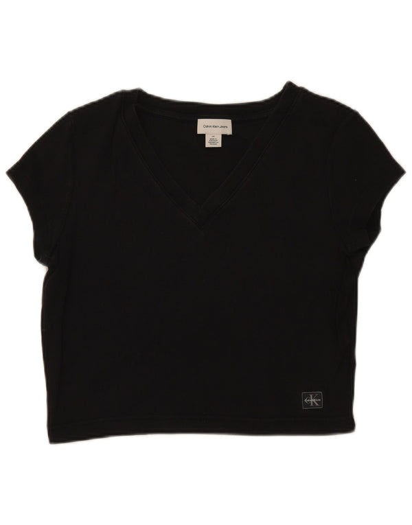 Calvin Klein Damen Crop T-Shirt Top UK 14 Große schwarze Baumwolle