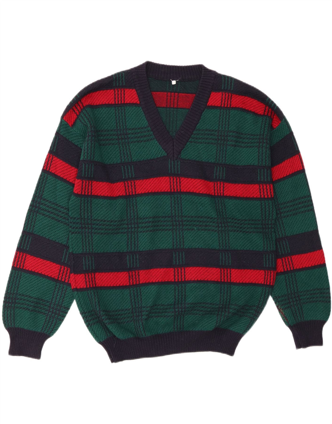VINTAGE Herren-Pullover mit V-Ausschnitt, große grün gestreifte Wolle