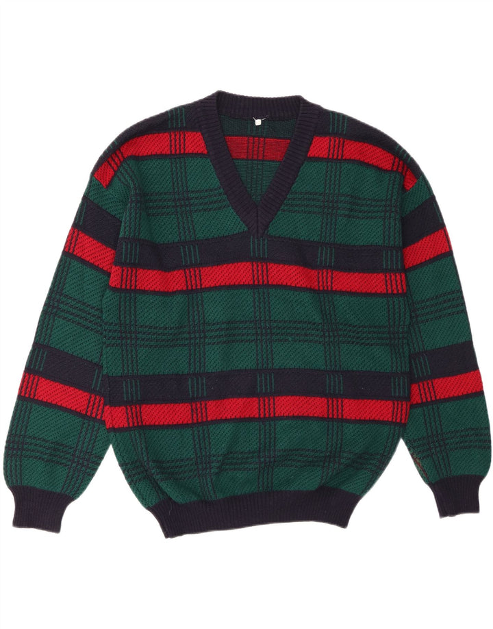 VINTAGE Herren-Pullover mit V-Ausschnitt, große grün gestreifte Wolle