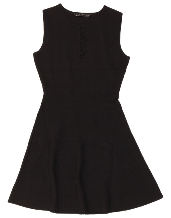 Zara Damen ärmelloses A-Linien-Kleid UK 10 Small Schwarz Viskose
