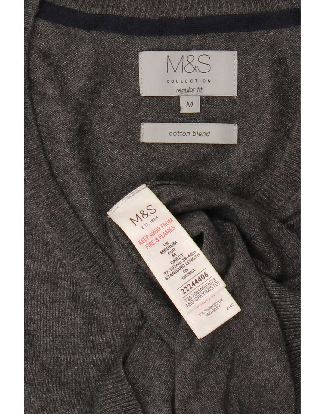 Marks & Spencer Herren-Pullover mit normaler Passform und V-Ausschnitt aus mittelgrauer Baumwolle