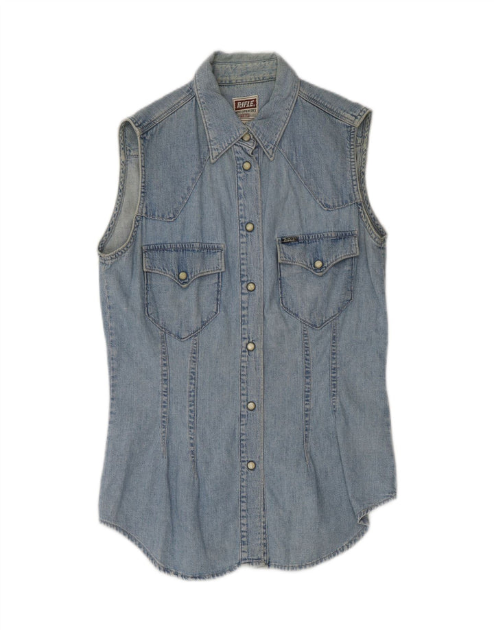 RIFLE Womens Sleeveless Denim Shirt UK 12 Medium Blue Cotton Vintage Rifle and Second-Hand Rifle from Messina Hembry 