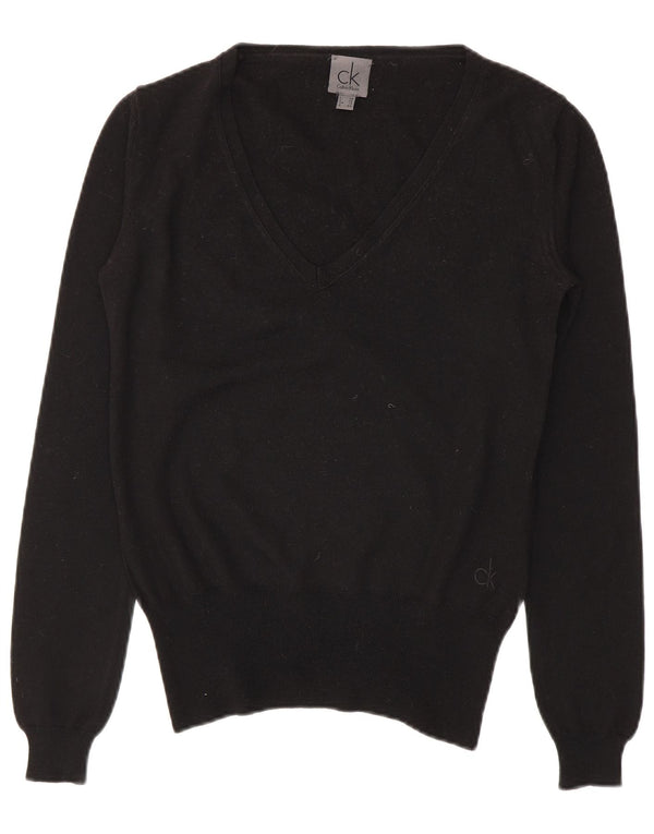 Calvin Klein Damen-Pullover mit V-Ausschnitt, UK 16, Größe L, schwarze Schurwolle