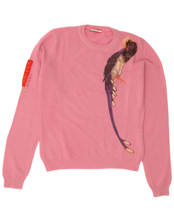 Vintage Damen Pullover mit grafischem Rundhalsausschnitt, Gr. 10, kleiner rosa Vogel
