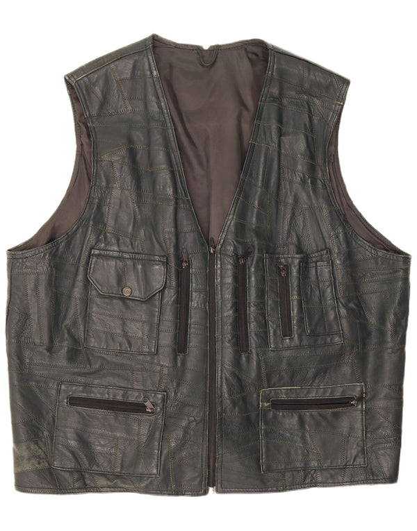 Vintage Herren Leder Utility Gilet UK 46 3XL Schwarz Patchwork
