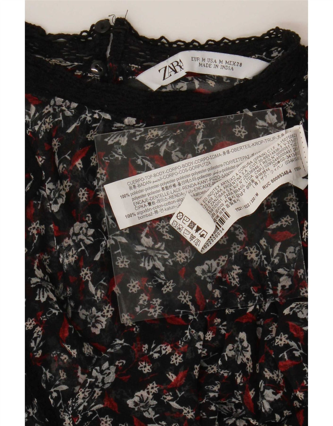 Zara Damen-Langarm-Blusenoberteil, UK-Größe 44, Mittelschwarz, Blumenmuster, Polyester