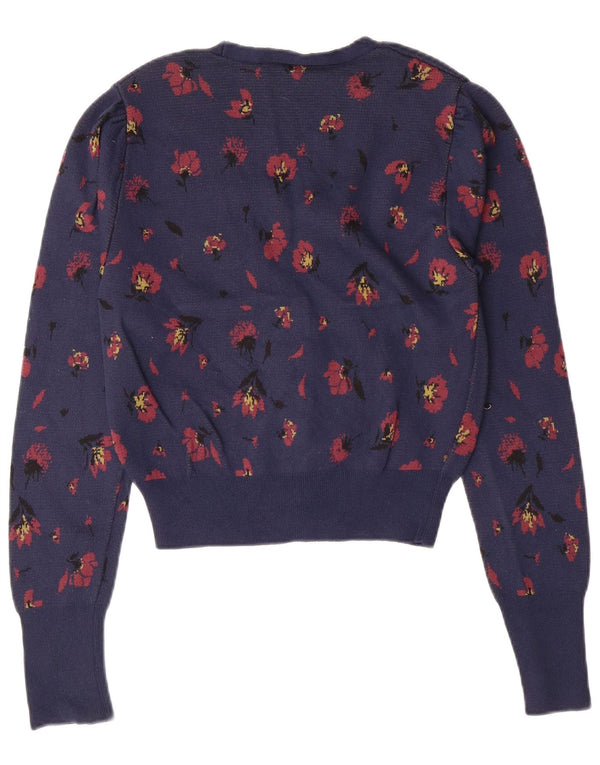 ZARA Damen Crop Cardigan Pullover UK 10 Small Navy Blue Floral Polyamid