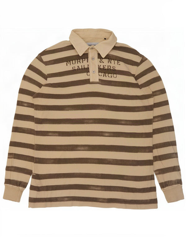 Murphy & Nye Herren Grafik-Langarm-Poloshirt 2XL Beige gestreift aus Baumwolle