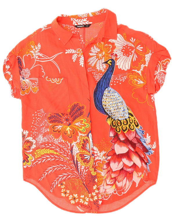 DESIGUAL Grafik-Kurzarm-Hemdbluse für Damen, UK 14, Mittelrosa mit Blumenmuster