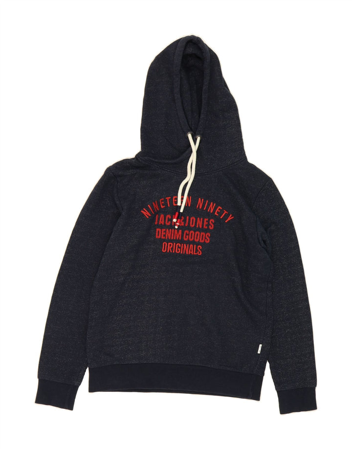 JACK & JONES Mens Graphic Hoodie Jumper Medium Navy Blue Flecked Polyester Vintage Jack & Jones and Second-Hand Jack & Jones from Messina Hembry 