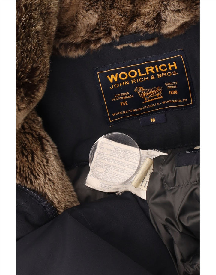 Woolrich Wattierter Herrenmantel mit Kapuze, UK 38, mittelmarineblaue Baumwolle