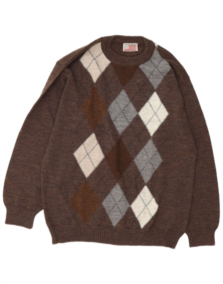Vintage Herren Pullover mit Rundhalsausschnitt, groß, braun, Argyle/Diamant