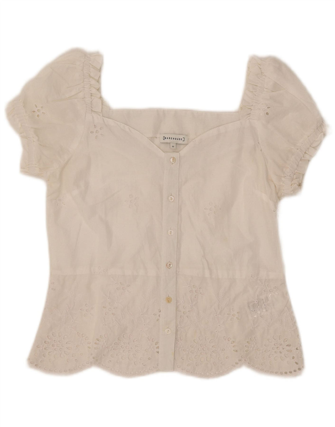 WAREHOUSE Damen Kurzarm-Hemdbluse UK 10 Small Weiß Polyester