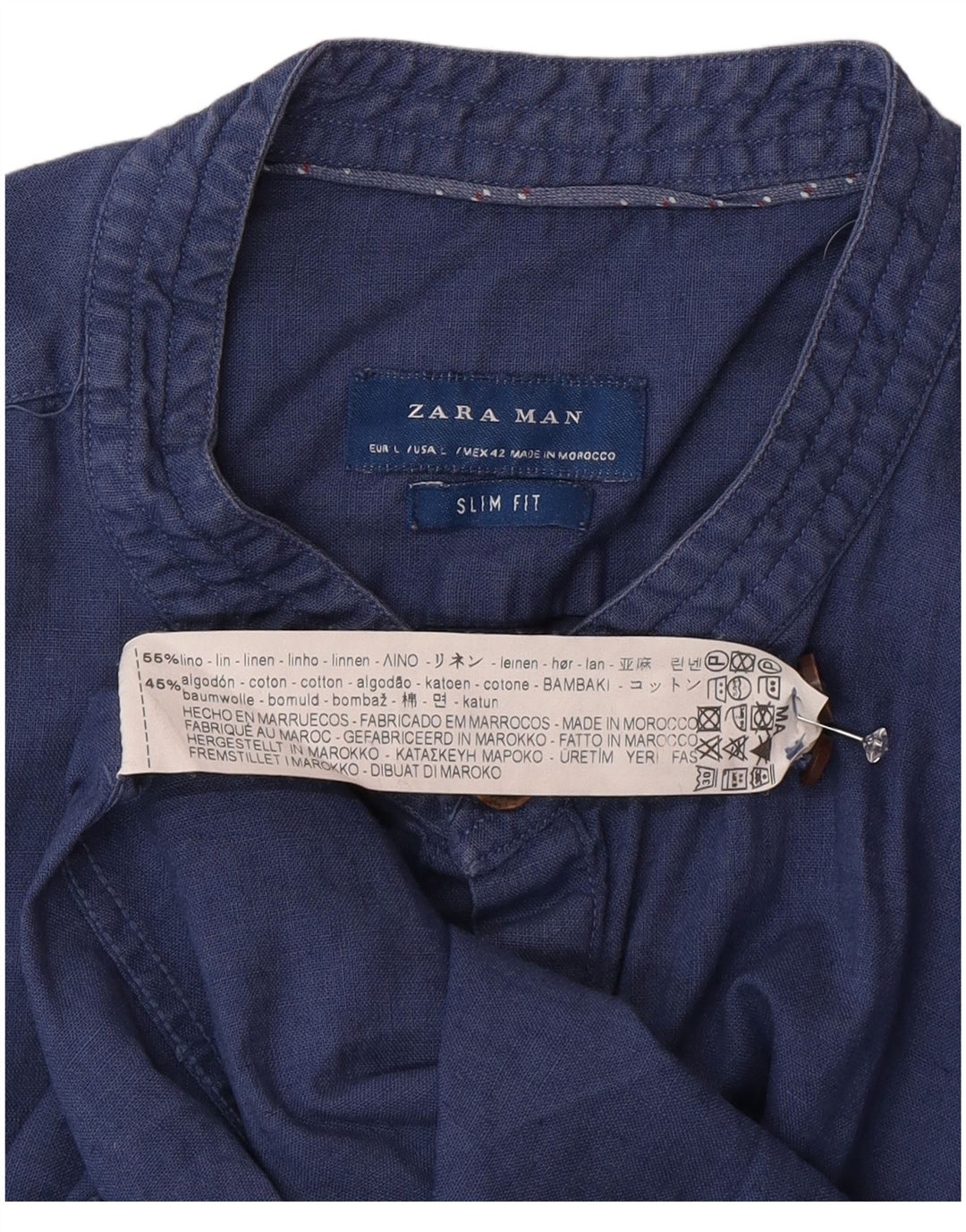 Zara Herren-Slim-Fit-Hemd, groß, blaues Leinen