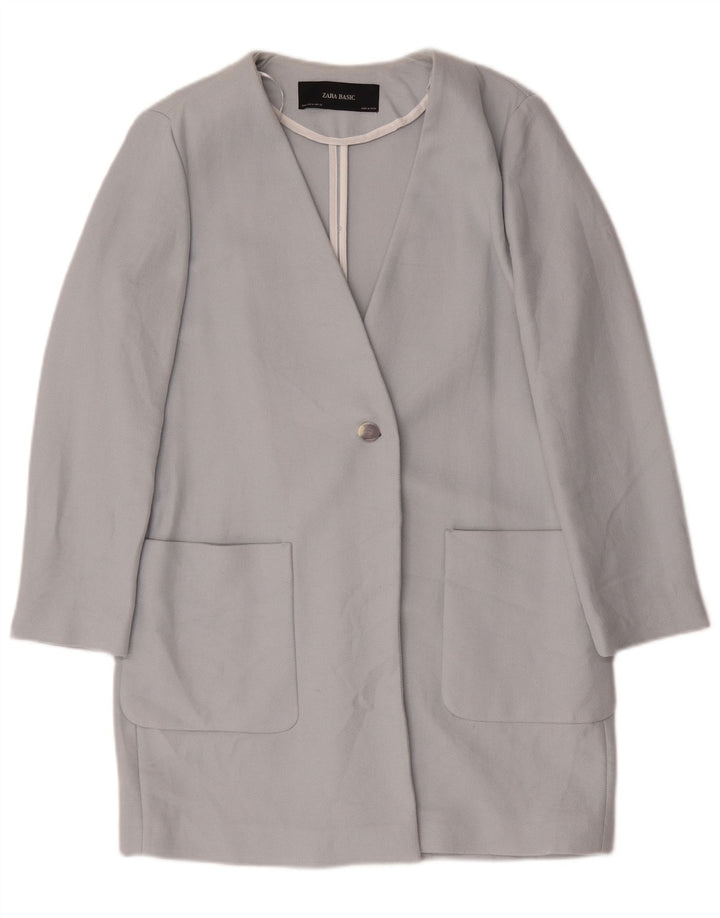 Zara Damen Longline 1-Knopf-Blazerjacke UK 14 Mittelblaue Baumwolle