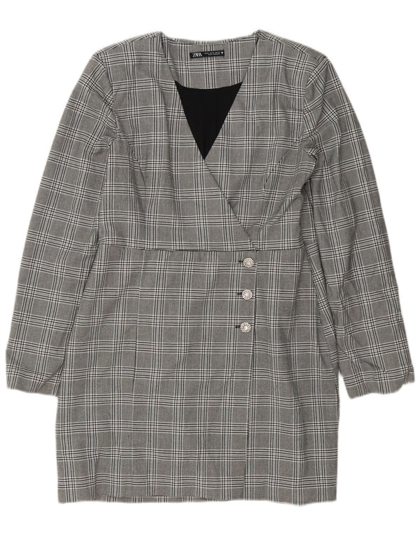 Zara Damen Langarm-Etuikleid UK 18 XL Grau kariertes Polyester