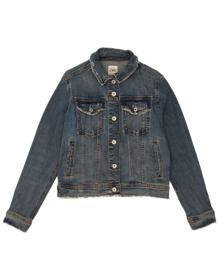 Zara Damen Crop Jeansjacke UK 16 Große blaue Baumwolle
