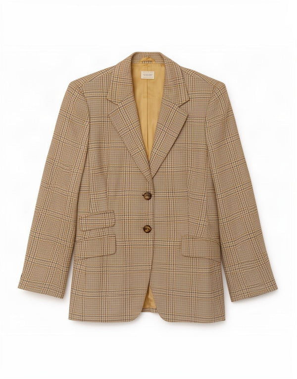 Benetton Damen-Blazer mit 2 Knöpfen, IT 46, große beige Hahnentritt-Wolle