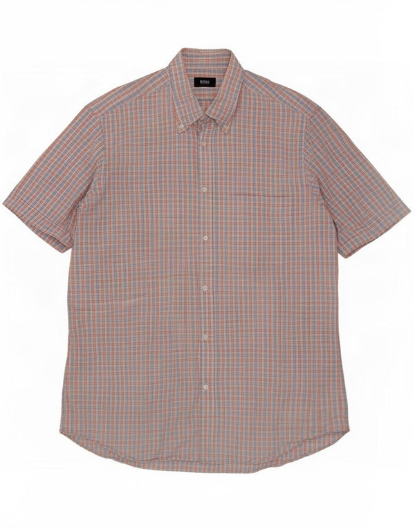 Hugo Boss Mens Short Sleeve Shirt Size 41 16 Large Blue Check